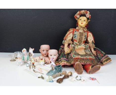 Traditional Antique Hungarian costume doll together with a porcelain shoe, half dolls, dolls heads and doll making items, fig