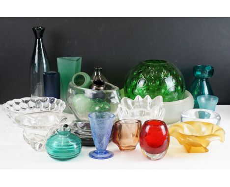 Mixed assortment of vintage coloured and clear glassware including signed Orrefors crystal tulip and raspberry bowls, signed 
