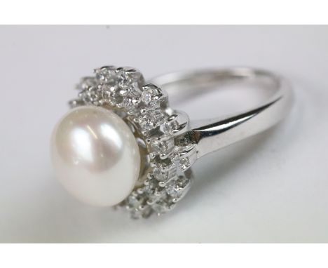 Silver, CZ and pearl dress ring