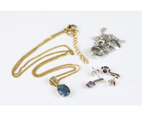Opal gold plated necklace on silver, a silver necklace and earrings