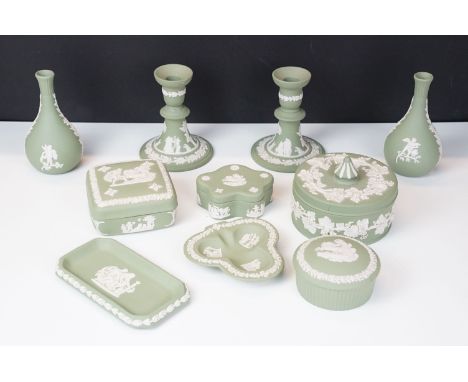 Quantity of vintage sage green Wedgwood Jasperware to include trinket boxes, trinket trays, bud vases and candle sticks (10 p