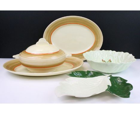 Vintage Clarice Cliff banded decoration serving set with two platters and lidded vegetable bowl, numbered 8089, with accompan