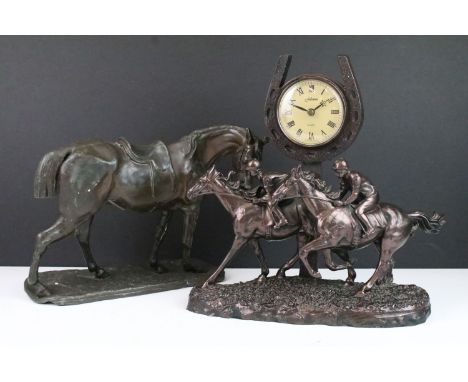 Standing saddled horse spelter sculpture statue together with a Juliana racing horses and jockeys sculpture display horseshoe