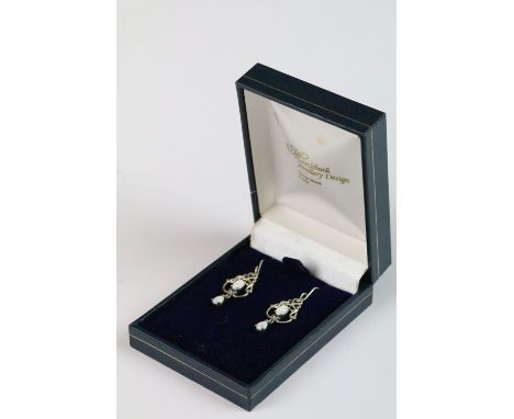 Pair of silver and opal panelled Art Nouveau style earrings cased 