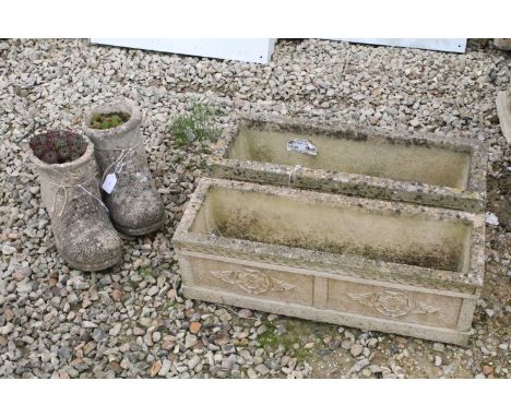 Sandford stone rectangular planter with two feet, 17cm high x 61cm wide x 20.5cm deep (excluding feet), a Cotswolds Studios r
