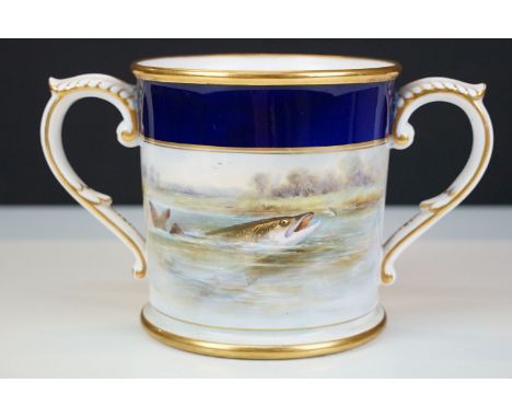 Royal Worcester large two handled fish trout vase with floral detail hand painted by Charlie Twilton, H 13.2cm x W 22cm (incl