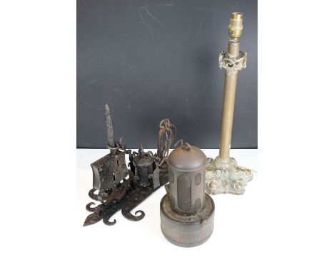 Palmer &amp; Co Makers, London, brass table lamp base, 46cm high, wrought iron lock with bell shaped attachment (no ringer) o