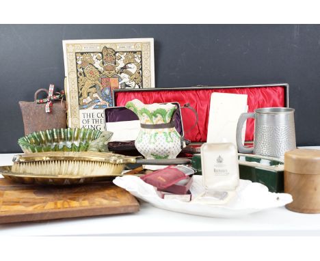 A box of mixed collectables to include a cased hallmarked sterling silver fork and spoon set, carving set, Ronson lighters, c