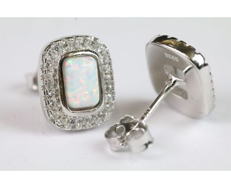 Pair of silver, CZ and opal panelled stud earrings