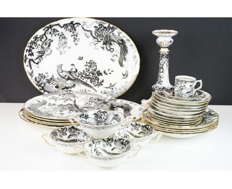Royal Crown Derby Bone Chine 'Black Aves' with gold trim set to include two large serving platters, candlestick, coffee cup a