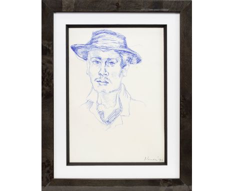 * PETER HOWSON OBE (SCOTTISH b 1958), HATMAN biro pen on paper, signed and dated '71 20cm x 14cm Mounted, framed and under gl