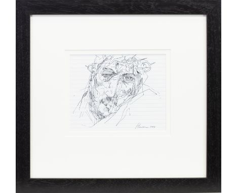 * PETER HOWSON (SCOTTISH b 1958), STUDY OF CHRIST pen on paper, signed and dated 2004 16cm x 19cm Mounted, framed and under g