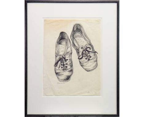 * PETER HOWSON OBE (SCOTTISH b 1958), VAN GOGH'S SHOES charcoal on paper, signed and dated '69 37cm x 27cm Mounted, framed an