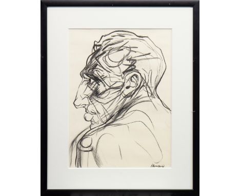 * PETER HOWSON OBE (SCOTTISH b 1958), TURNING BACK charcoal on paper, signed 38cm x 28cm Mounted, framed and under glass