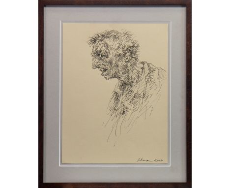 * PETER HOWSON OBE (SCOTTISH b 1958), HEAD OF A WORRIED MAN ink on paper, signed and dated 2014 30cm x 23cm Mounted, framed a