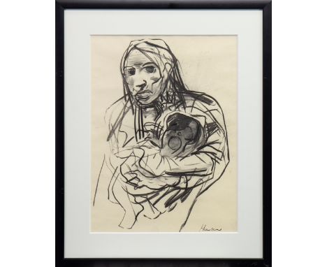 * PETER HOWSON OBE (SCOTTISH b 1958), MOTHER AND BABY charcoal on paper, signed 40cm x 30cm Mounted, framed and under glass