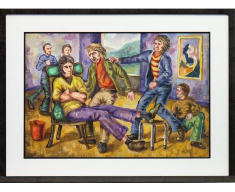 * PETER HOWSON OBE (SCOTTISH b 1958), FAMILY REUNION oil on board, signed 38cm x 57cm Mounted, framed and under glass