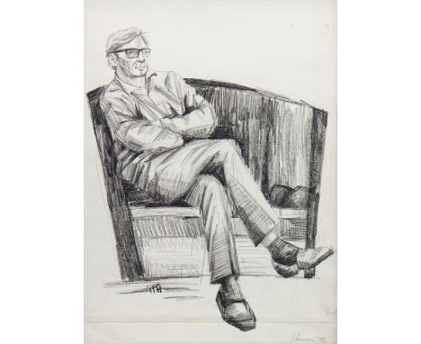 * PETER HOWSON OBE (SCOTTISH b 1958), MAN SITTING charcoal on paper, signed and dated '72 39cm x 28cm Mounted, framed and und