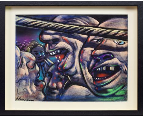 * PETER HOWSON OBE (SCOTTISH b 1958), SPECTATORS pastel on paper, signed 22cm x 29cm Mounted, framed and under glass