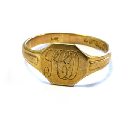 9CT GOLD SIGNET RING octagonal engraved front, ring size N, hallmarked 9.375 London.  Weight 1.9 grams.