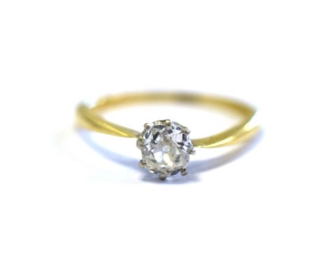 18CT GOLD &amp; OLD CUT DIAMOND SOLITAIRE ring, with platinum coronet claw set old mine cut diamond, estimated in the setting