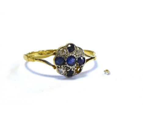 EDWARDIAN SAPPHIRE &amp; DIAMOND 18CT RING 9.6mm platinum grain set head with sapphires and old cut diamonds (one is loose). 
