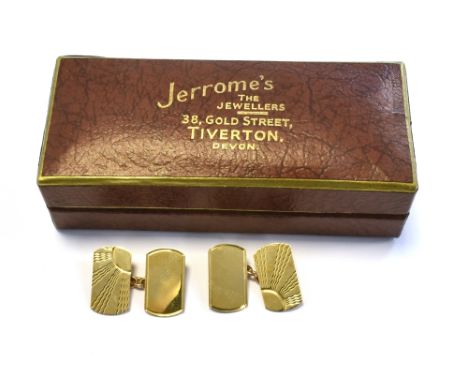 9CT GOLD CUFFLINKS IN PRESENTATION CASE 17.3 x 10.0mm, decorated with sunburst engraving, hallmarked 9.375 Birmingham 1989.  