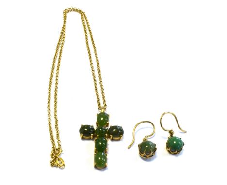9CT GOLD NEPHRITE JADE JEWELLERY to include a claw set crucifix pendant of nephrite jade cabochons, on a 46cm long belcher li