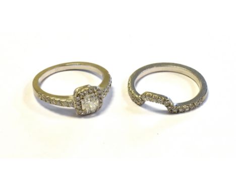 DIAMOND &amp; PLATINUM ETERNITY &amp; SOLITARE matching rings.  The solitaire claw set with a cushion cut diamond, estimated 