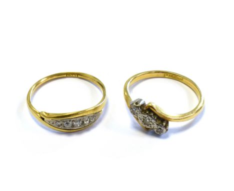 TWO 18CT GOLD VINTAGE DIAMOND RINGS one platinum topped illusion set with three single cut diamonds, ring size N and one nave