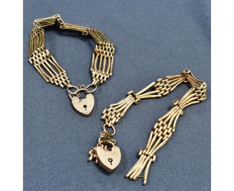 TWO ANTIQUE 9CT GOLD GATE BRACELETS one yellow gold 18cm long x 14.6mm wide and one rose gold 16cm long (broken), both with h