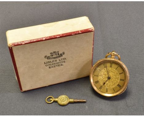 LADIES 14CT GOLD OPEN FACE POCKET WATCH 34.5mm diameter case, dust cover and sides intricately engraved with floral and folia