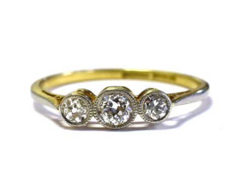 18CT OLD CUT DIAMOND THREE STONE RING three platinum set collets containing old European &amp; old Swiss cut diamonds, estima