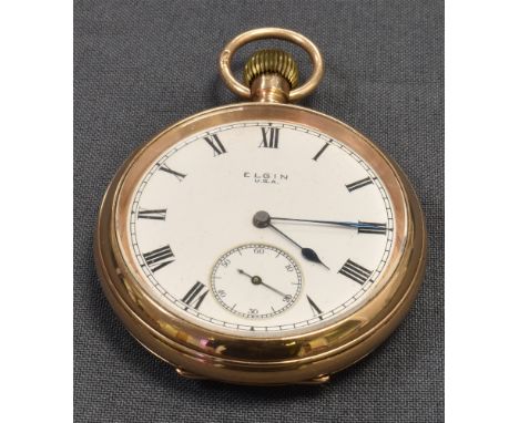 9CT GOLD ELGIN OPEN FACE POCKET WATCH 50.4mm diameter, white enamel dial, black Romans, blued steel hands, seconds sub-dial. 