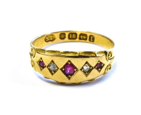 ANTIQUE RUBY &amp; DIAMOND FIVE STONE RING grain set with cushion &amp; round cut rubies alternating with old Swiss cut diamo