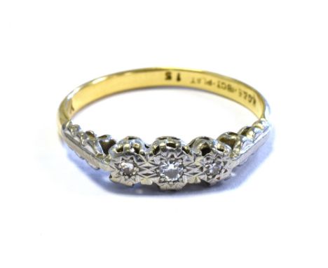 18CT GOLD &amp; PLATINUM DIAMOND SET RING three platinum illusion set single cut diamonds, yellow gold band, stamped '18ct PL