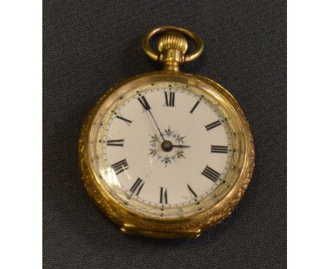 LADIES 18CT GOLD OPEN FACE POCKET WATCH 37.8mm diameter fully engraved case, Swiss hallmarked &amp; stamped 'K18', white enam