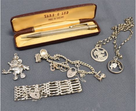 SILVER JEWELLERY &amp; A PROPELLING PENCIL to include a six bar gate bracelet, St. Christopher pendant on belcher link chain,