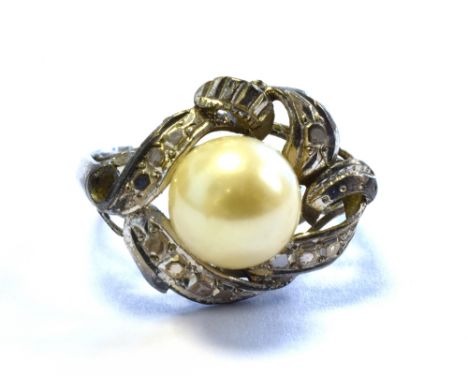 14CT WHITE GOLD &amp; PEARL RING set with an 8.0mm round white pearl, showing very good lustre, ring size K 1/2.  Stamped 14K