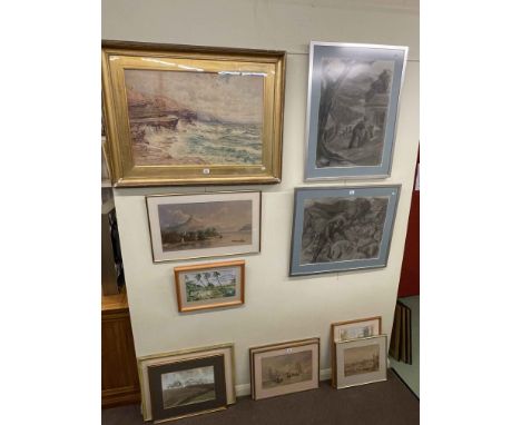 Eleven various paintings and prints including landscape and seascape watercolours, two farming prints, etc.