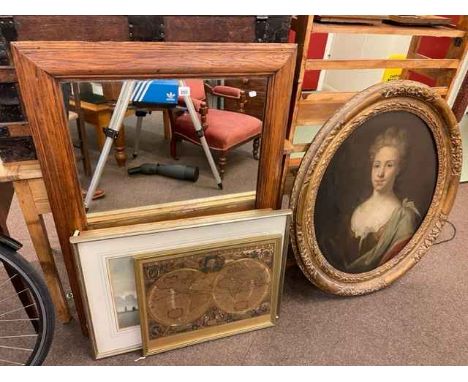 Antique oval portrait oleograph, framed mirror and five pictures (7).