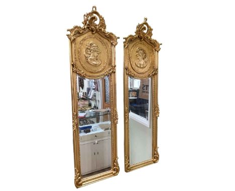 Pair gilt lady portrait rectangular bevelled wall mirrors, 178cm by 53cm.