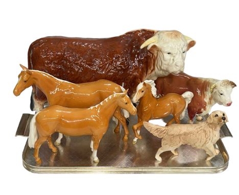 Melba Ware Bull, Bull, three Beswick Palomino Horses and Royal Doulton Golden Retriever.