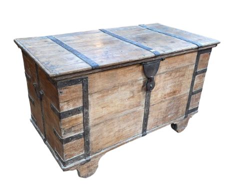 Large iron bound hardwood trunk, 80cm by 128cm by 67cm.