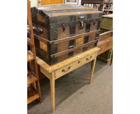 Vintage dome top travelling trunk and pine single drawer side table (2).