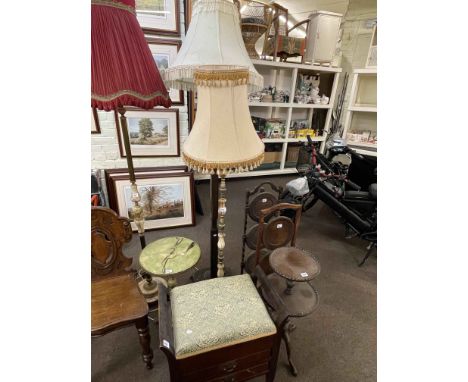 Three various standard lamp and shades, mahogany two drawer music stool, three cake stands and wine table (8).