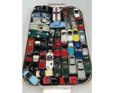 Tray of model vehicles and six Scalextric cars.