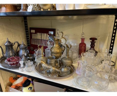 Collection of metalwares including Viners The Parish Collection canteen of cutlery, ruby glass decanter, glass, Islamic jugs,