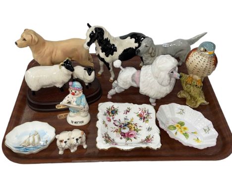 Beswick Piebald Horse, Royal Doulton Poodle, Hammersley Spode pin dish, Royal Crown Derby dish signed 'WEJ Dean', Beswick Bul