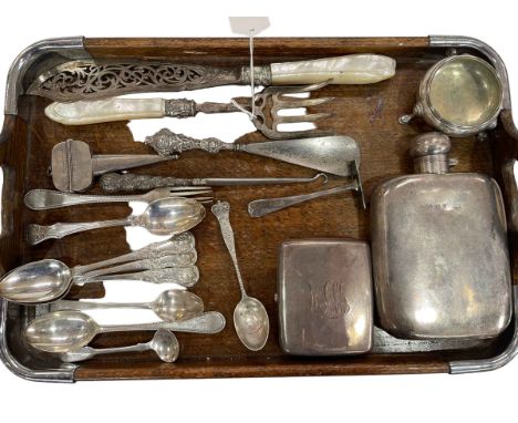 Silver hip flask, cigarette case, salt, assorted spoons, servers, etc.